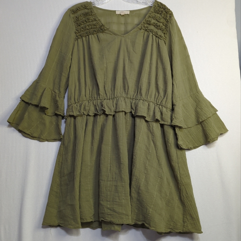Chelsea & Violet Olive Green Short Dress 3/4 Flutter Sleeve Size‎ Large 617